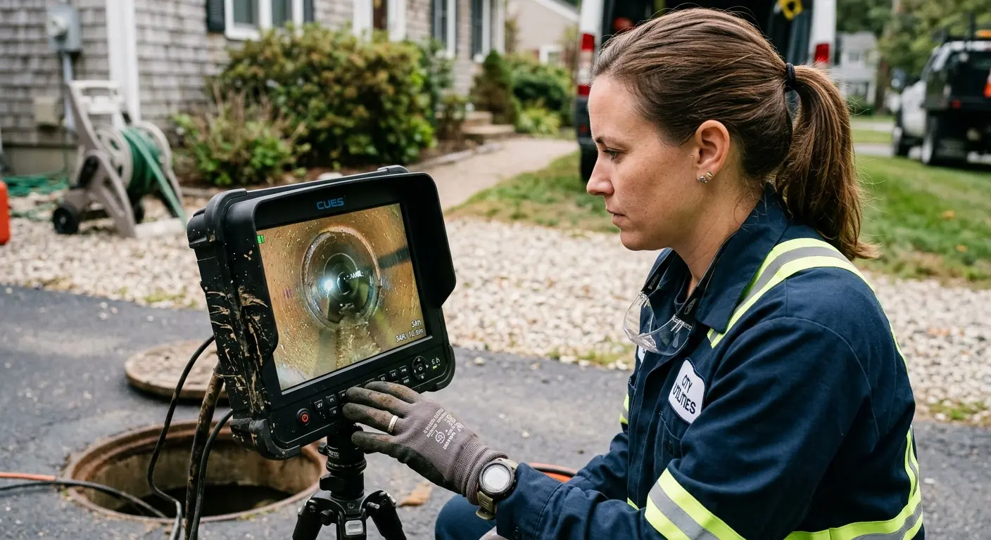 Technician reviewing sewer camera inspection footage in Payette