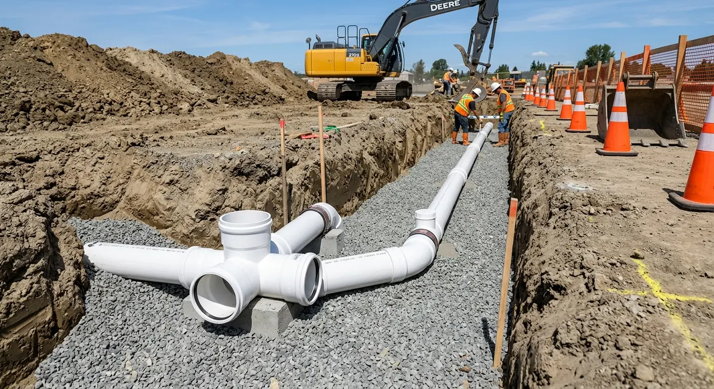 New PVC sewer pipe installation in open trench for Commercial Drain Cleaning in Payette