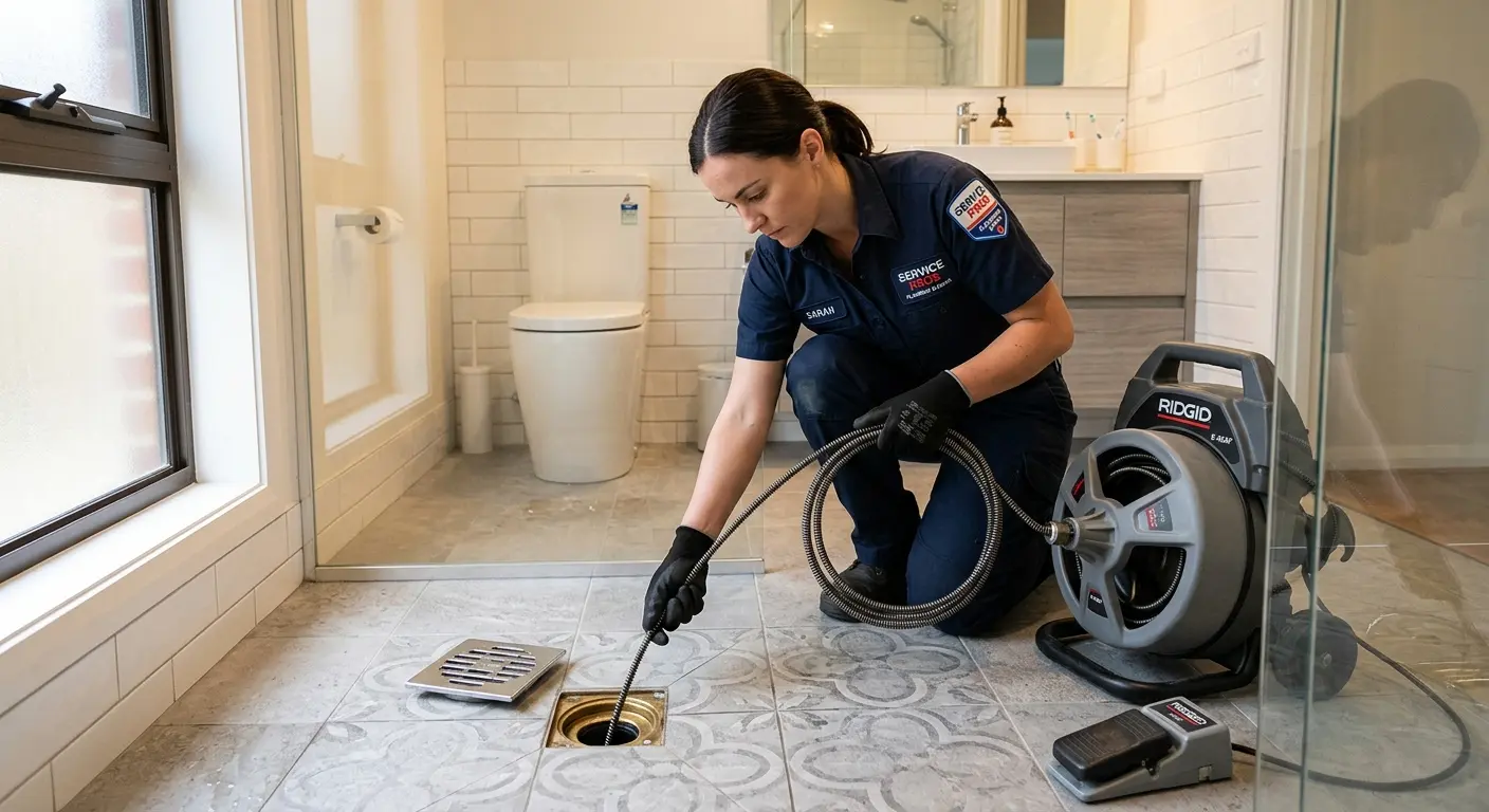 Technician clearing a bathroom floor drain for Hydro Jetting in Payette